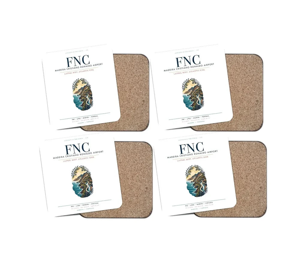 Madeira Cristiano Ronaldo Airport (FNC) design on white 4 pieces set coaster