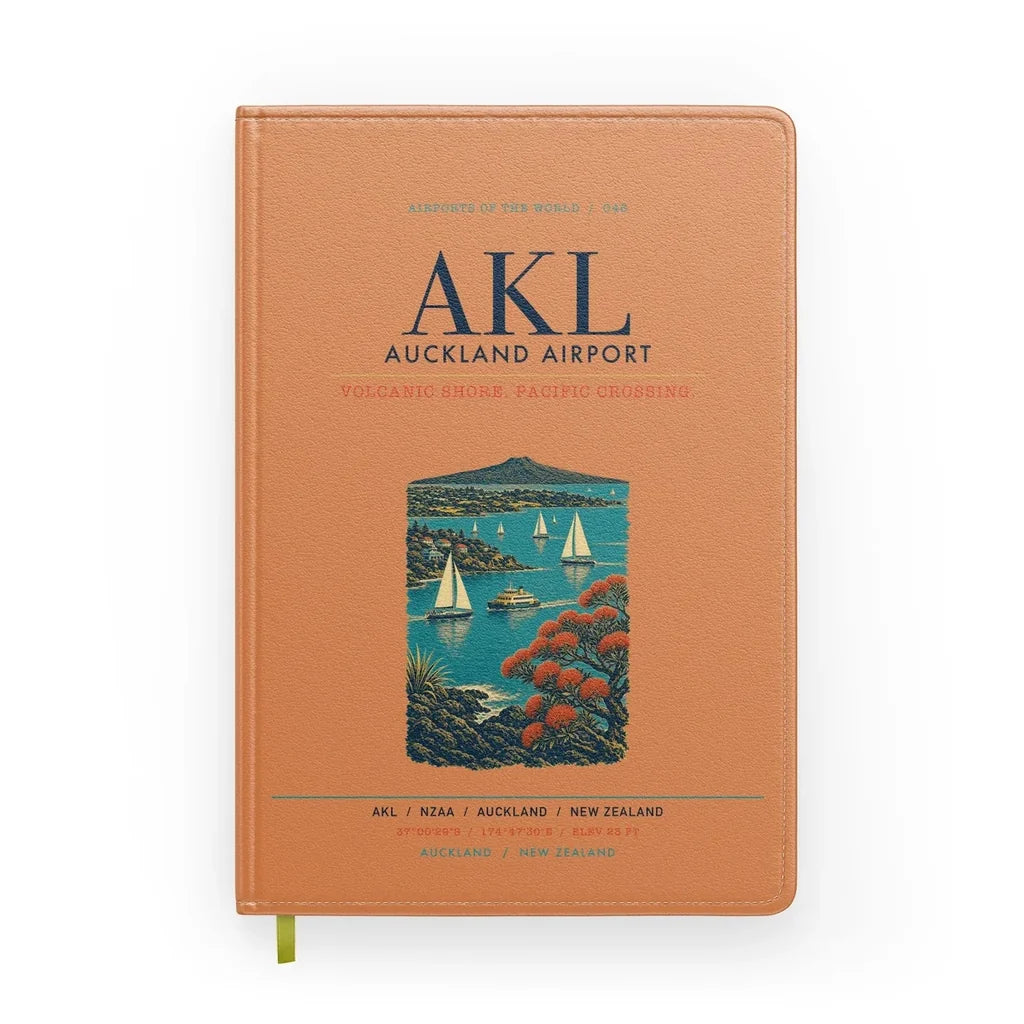 Auckland Airport (AKL) design on orange notebook