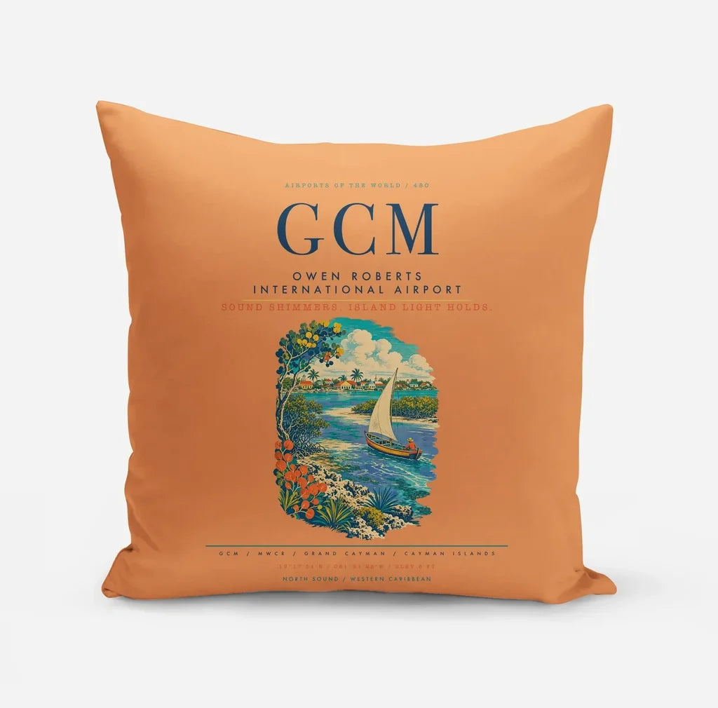 Owen Roberts International Airport (GCM) design on orange pillow