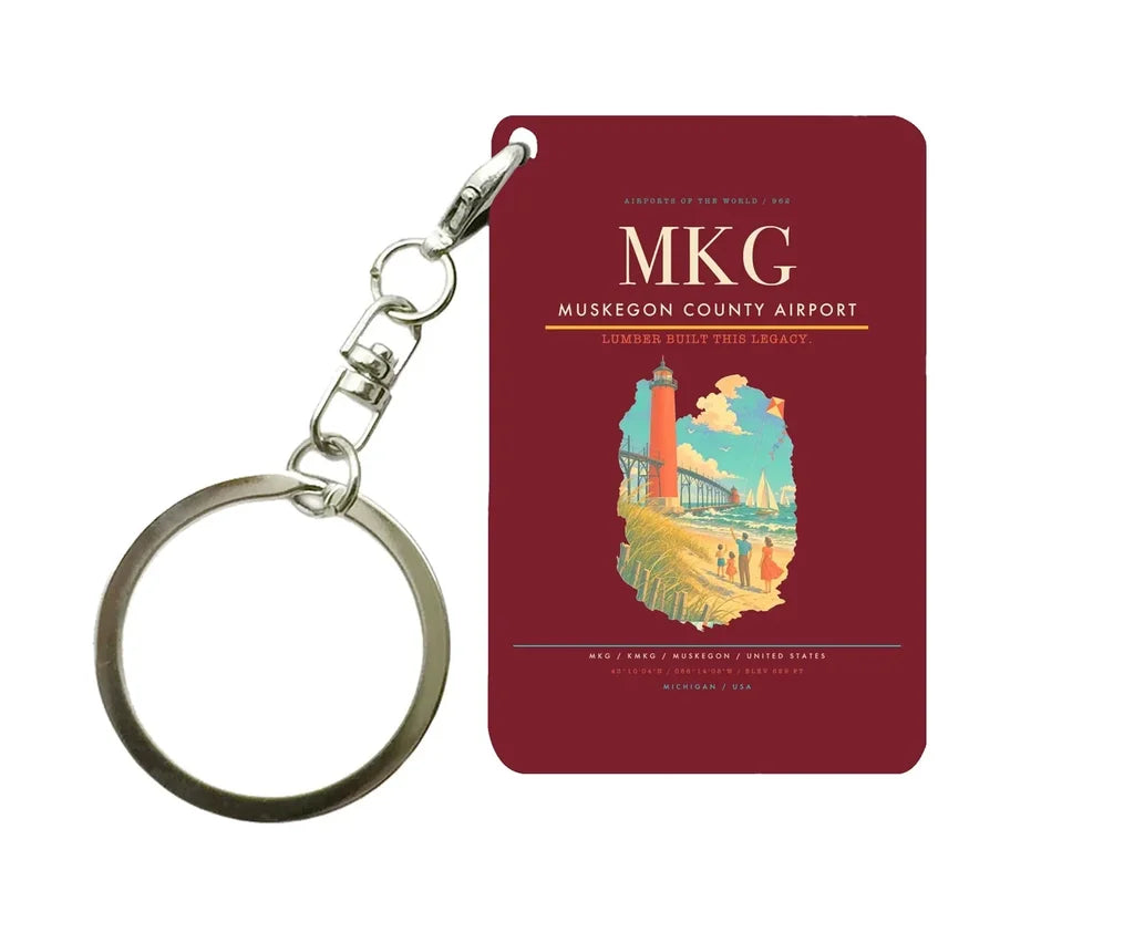 Muskegon County Airport (MKG) design on dark red key chain