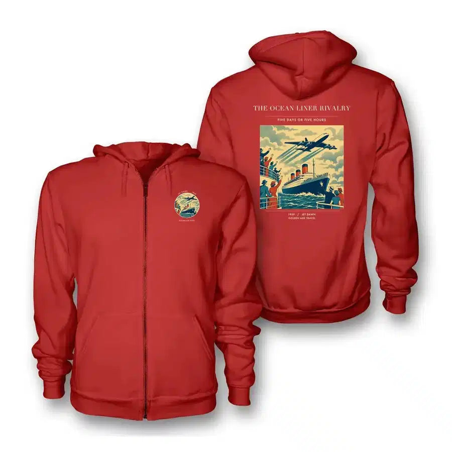 VINTAGE G4307 - The Ocean Liner Rivalry - Premium Zipped Hoodie design on red