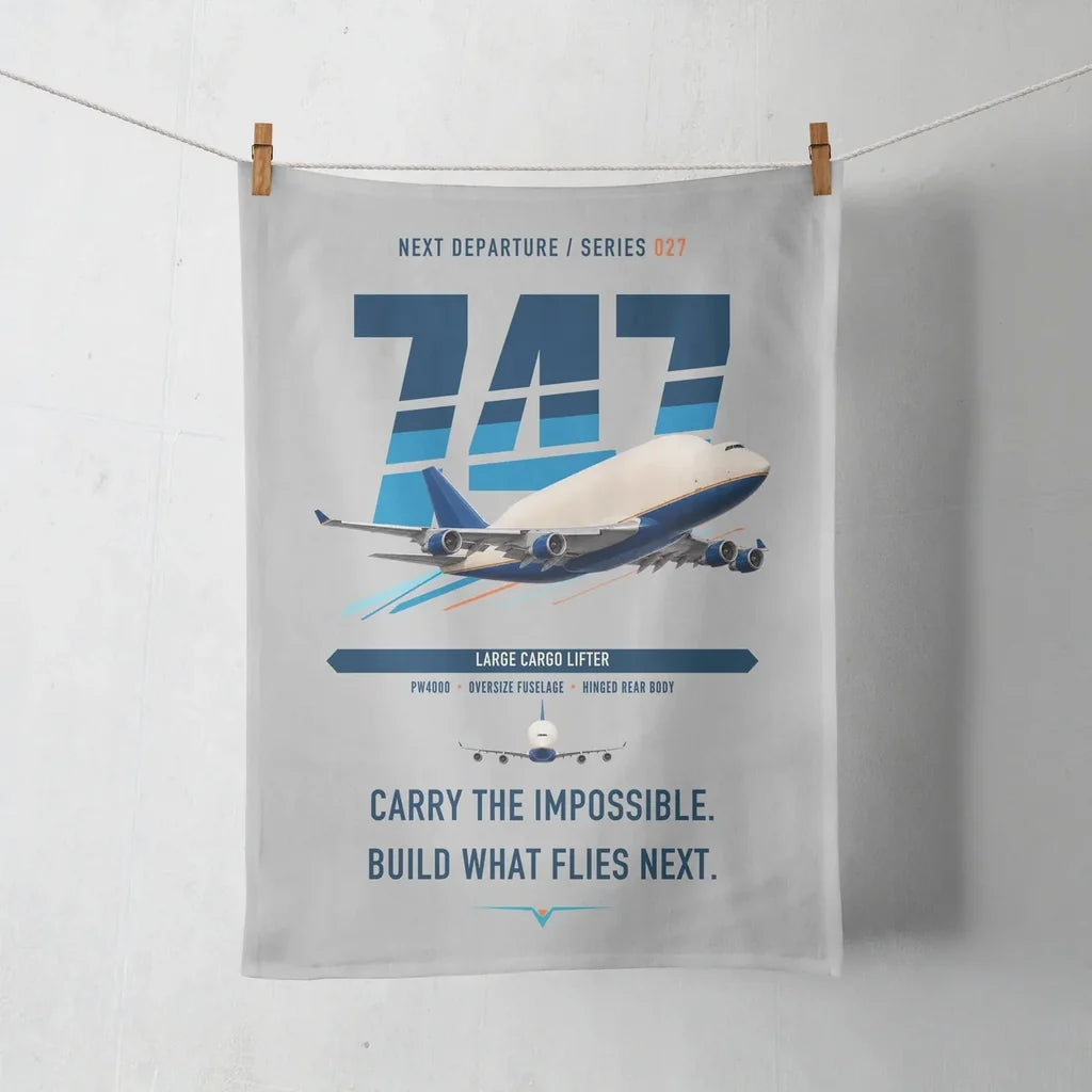 Boeing 747-400 Dreamlifter design on light gray towel