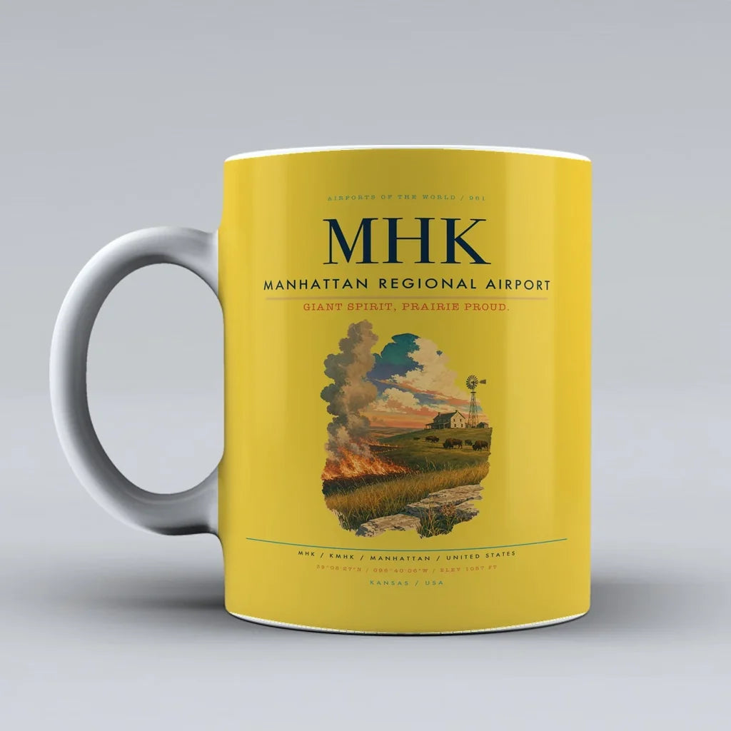 Manhattan Regional Airport (MHK) airport code design on yellow ceramic mug