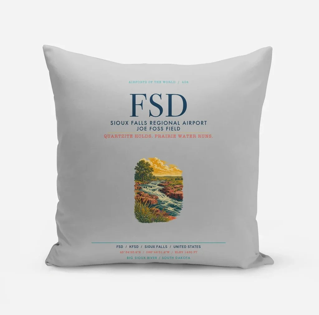 Sioux Falls Regional Airport Joe Foss Field (FSD) design on light gray pillow