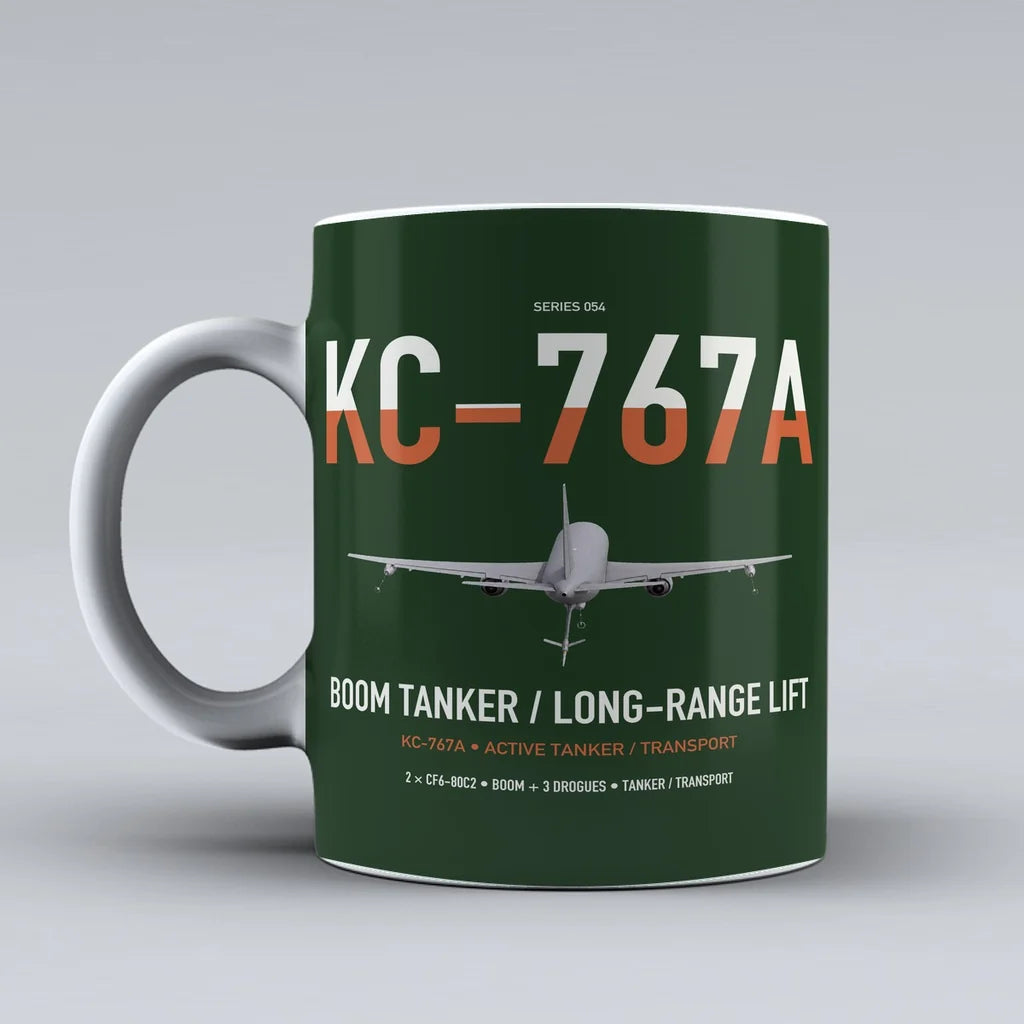 Boeing KC-767A design on dark green ceramic mug, double-side print