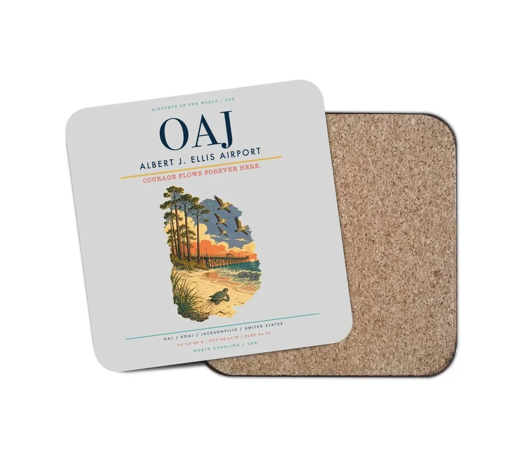 Albert J. Ellis Airport (OAJ) design on light gray 1 piece coaster