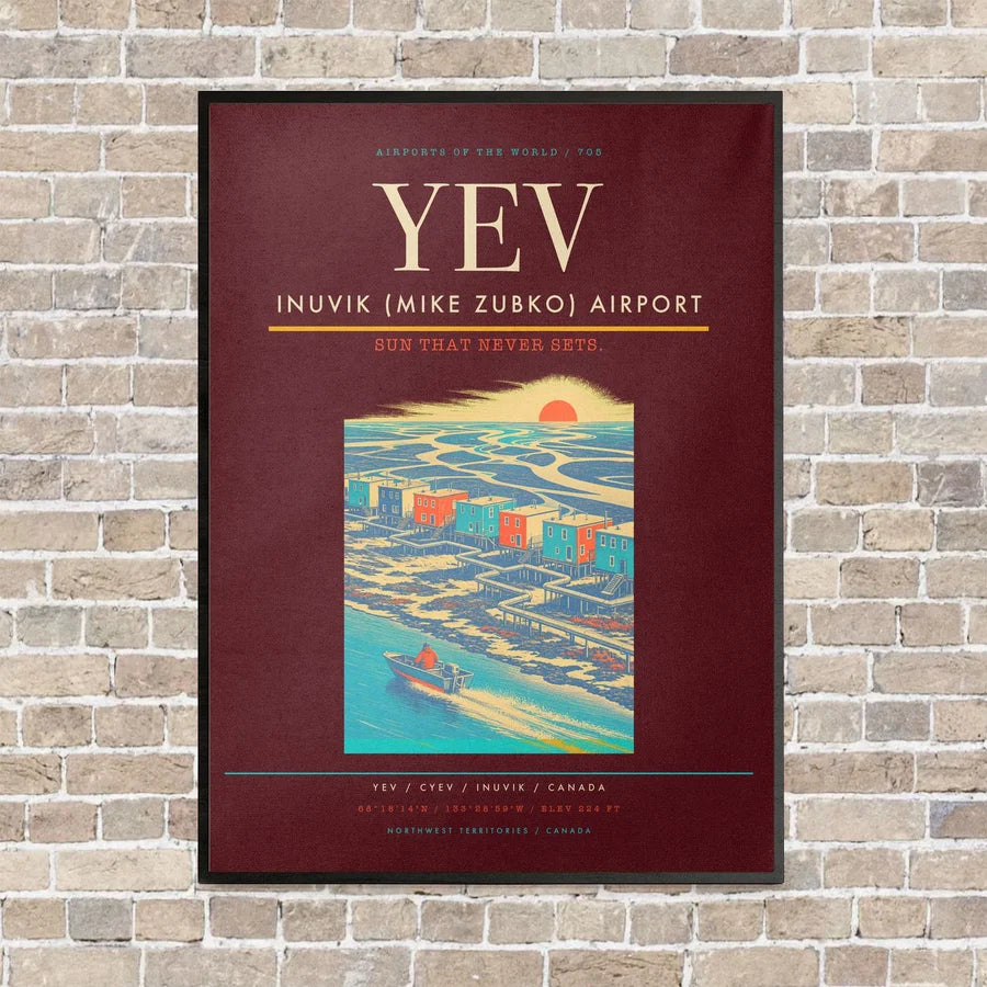 Inuvik (Mike Zubko) Airport YEV vertical canvas print - framed - dark red background