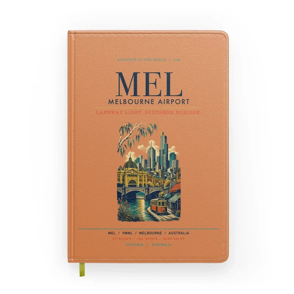 Melbourne Airport (MEL) design on orange notebook
