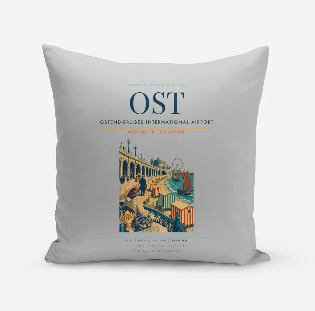 Ostend-Bruges International Airport (OST) design on light gray pillow