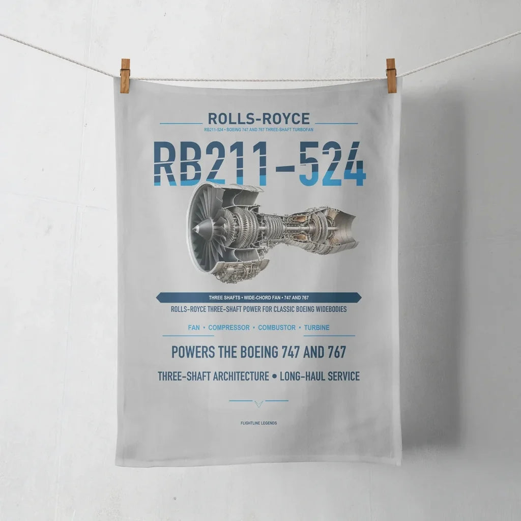 RB211-524 design on light gray towel