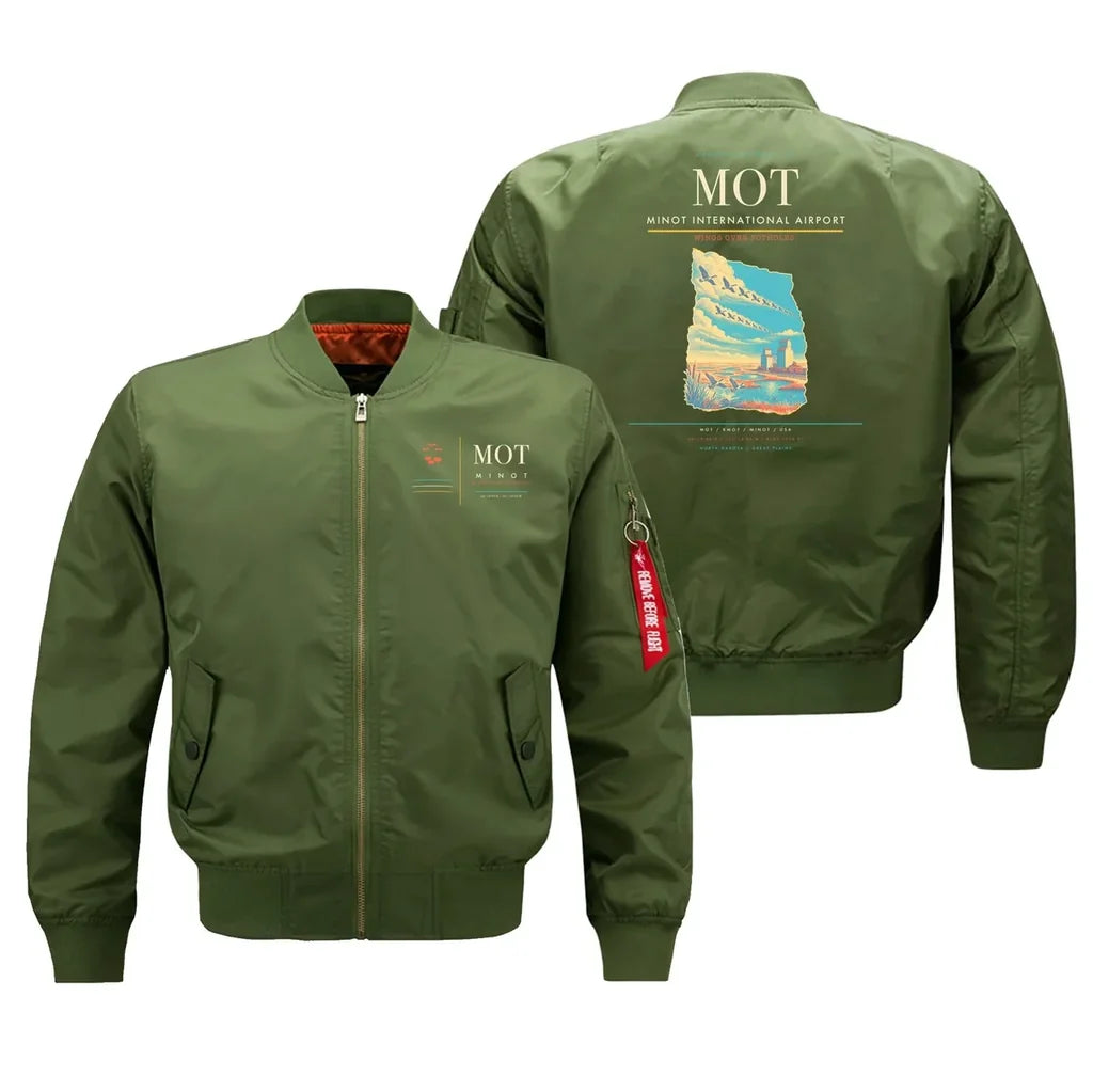 Minot International Airport (MOT) design on green bomber jacket