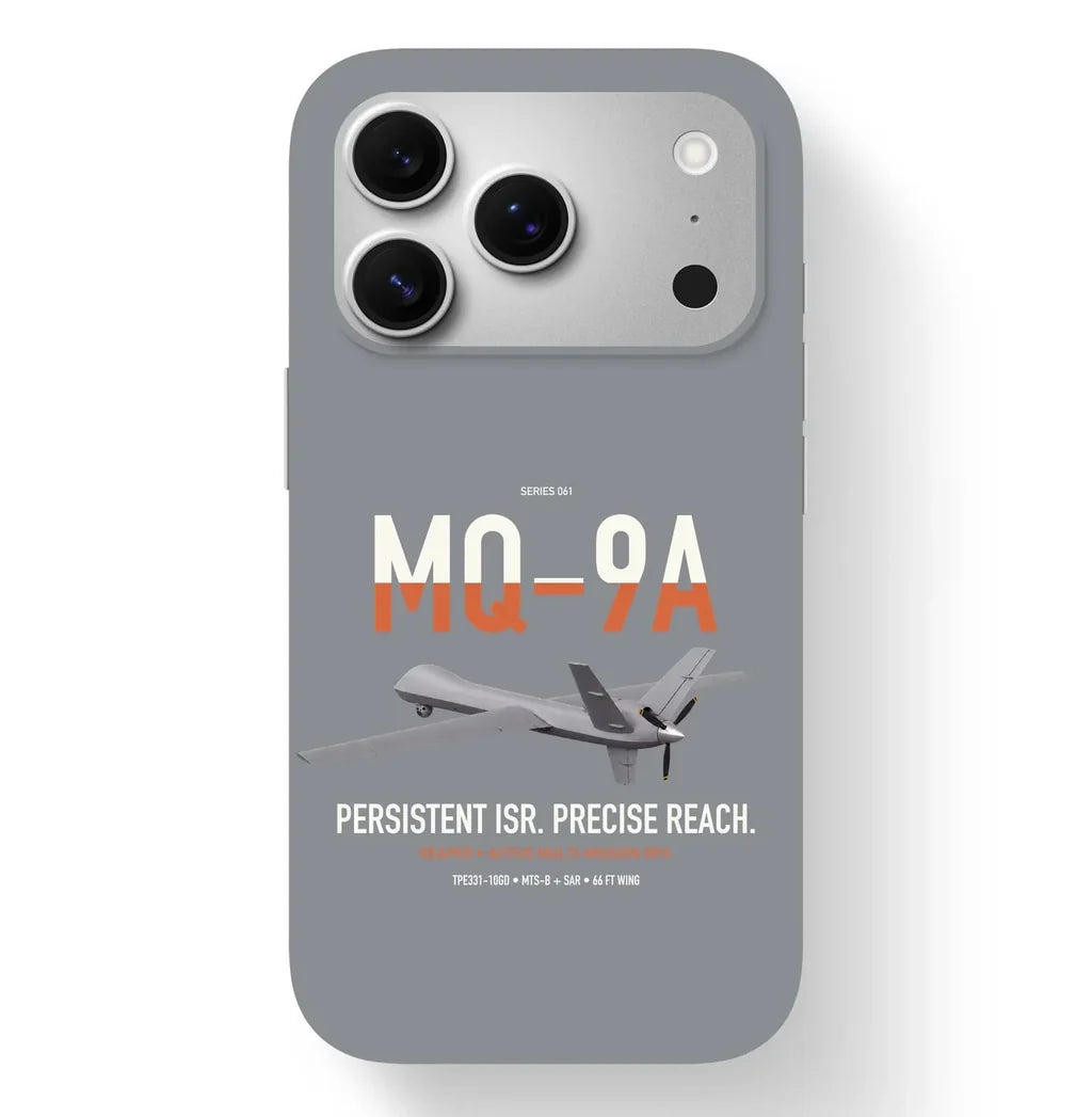 MQ-9A Reaper design on gray magsafe iphone case, for iPhone 17 Pro