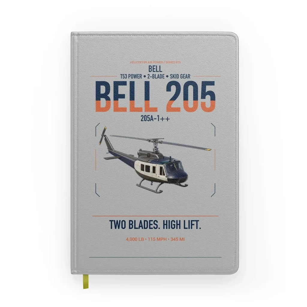 Bell 205A-1++ design on light gray notebook
