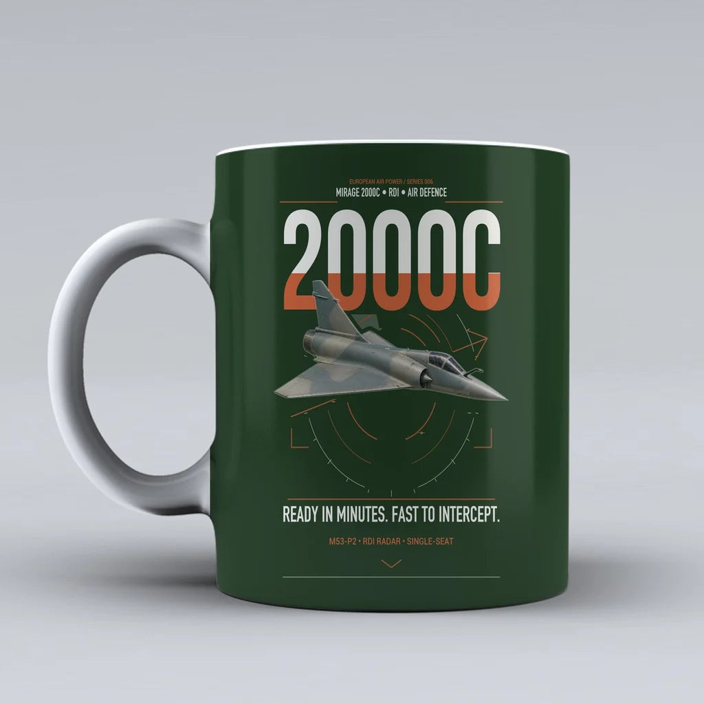 Dassault Mirage 2000C RDI design on dark green ceramic mug, double-side print