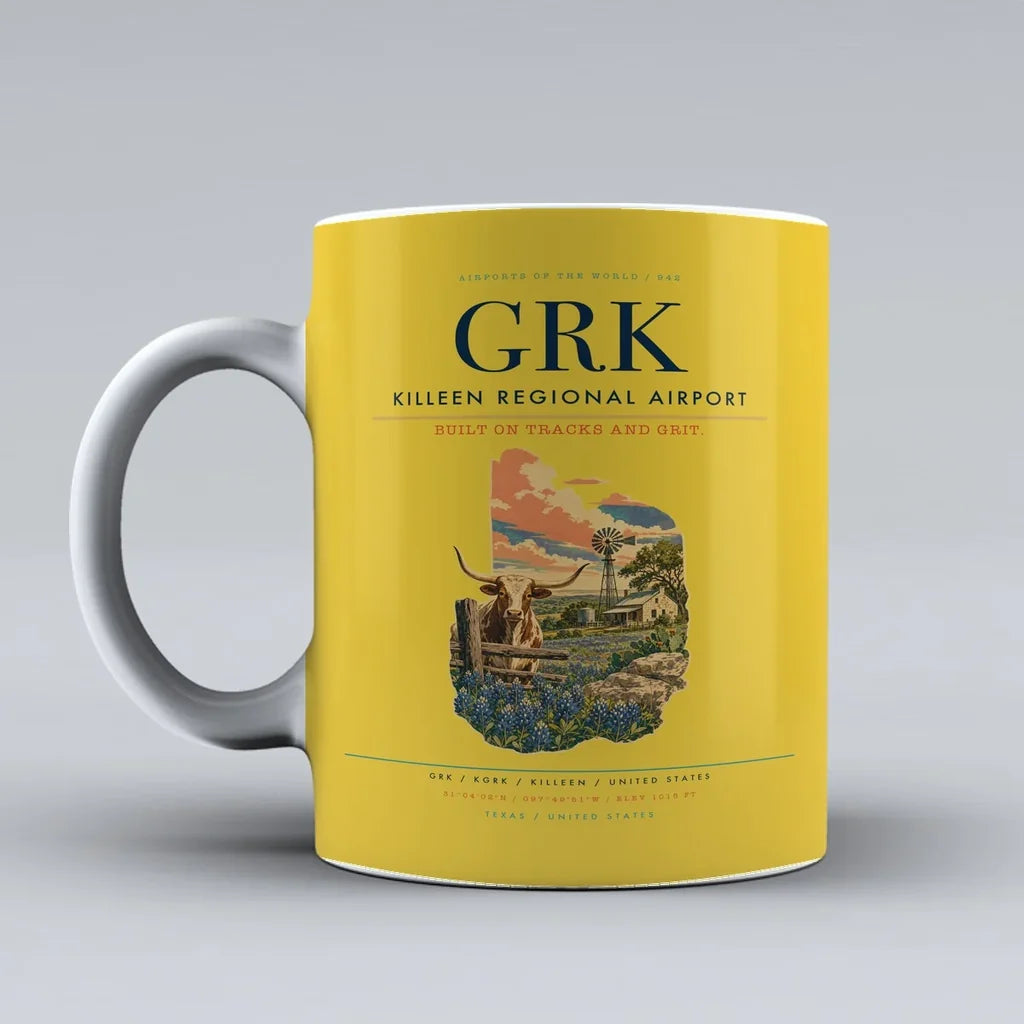 Killeen Regional Airport (GRK) airport code design on yellow ceramic mug