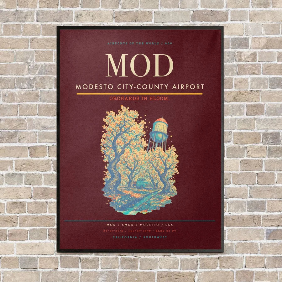 Modesto City-County Airport MOD vertical canvas print - framed - dark red background