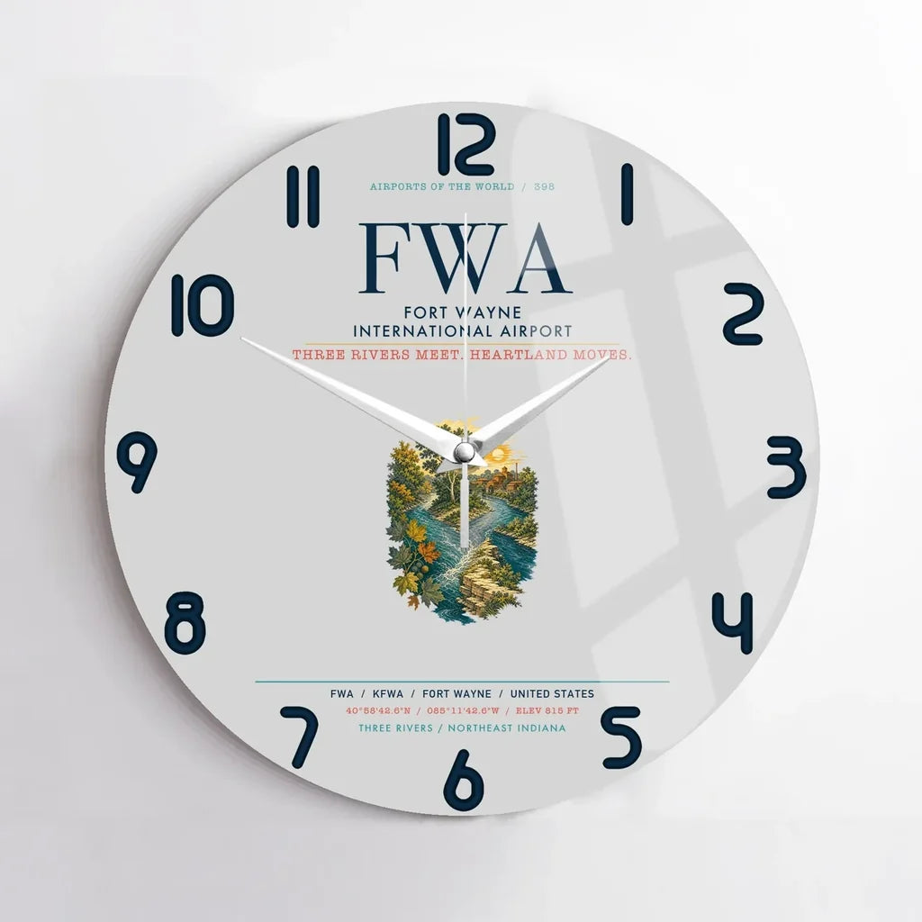 Fort Wayne International Airport (FWA) design on light gray no frame wall clock