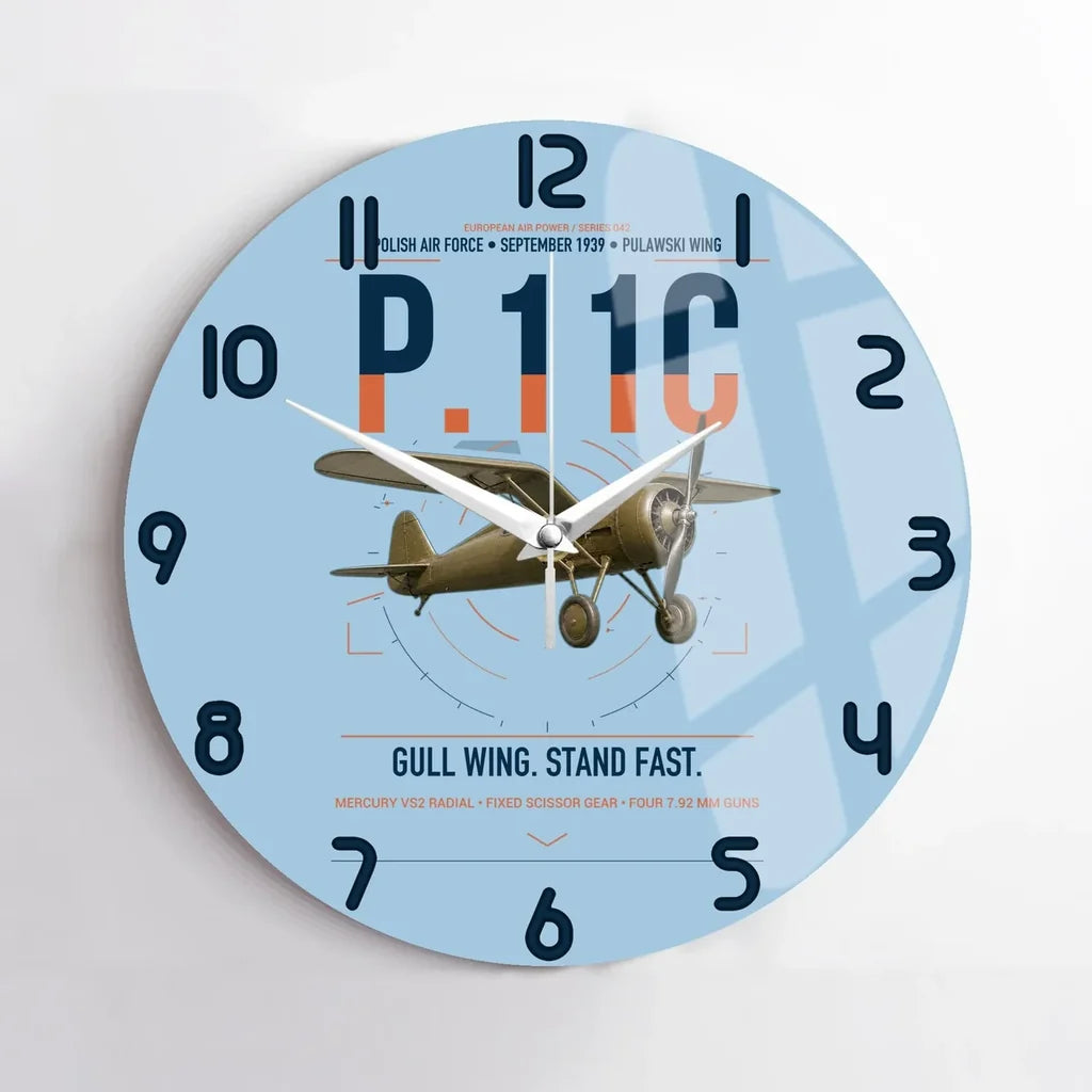 PZL P.11c design on light blue no frame wall clock