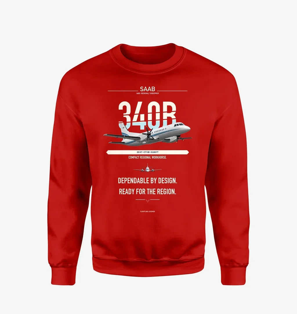 Saab 340B design on red sweatshirt