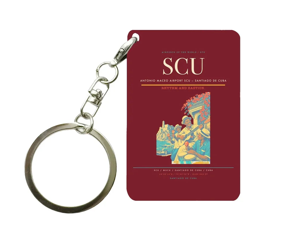 Antonio Maceo Airport (SCU) design on dark red key chain