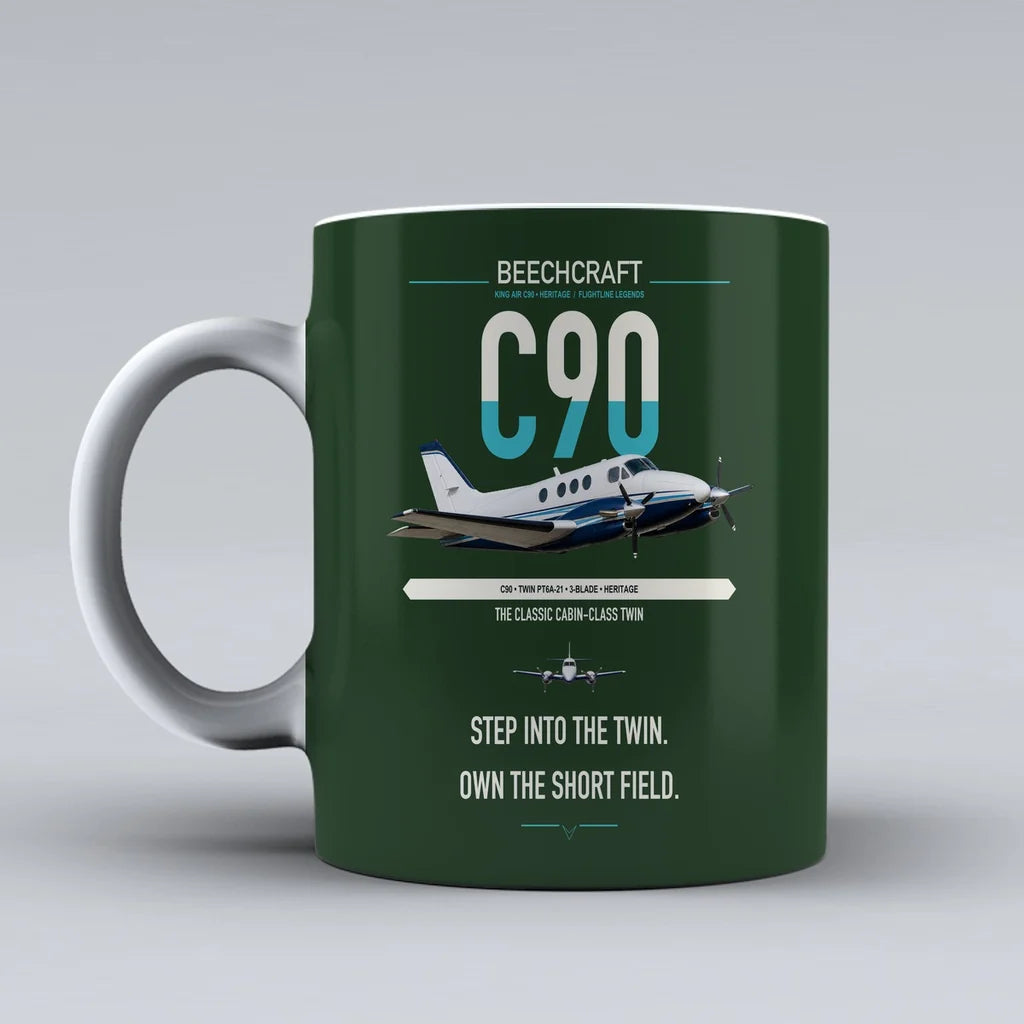 Beechcraft King Air C90 design on dark green ceramic mug, double-side print