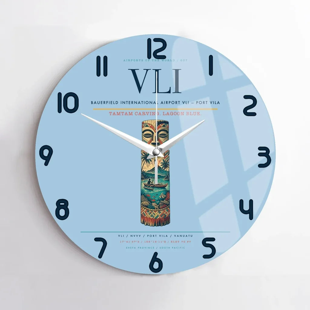 Bauerfield International Airport (VLI) design on light blue no frame wall clock