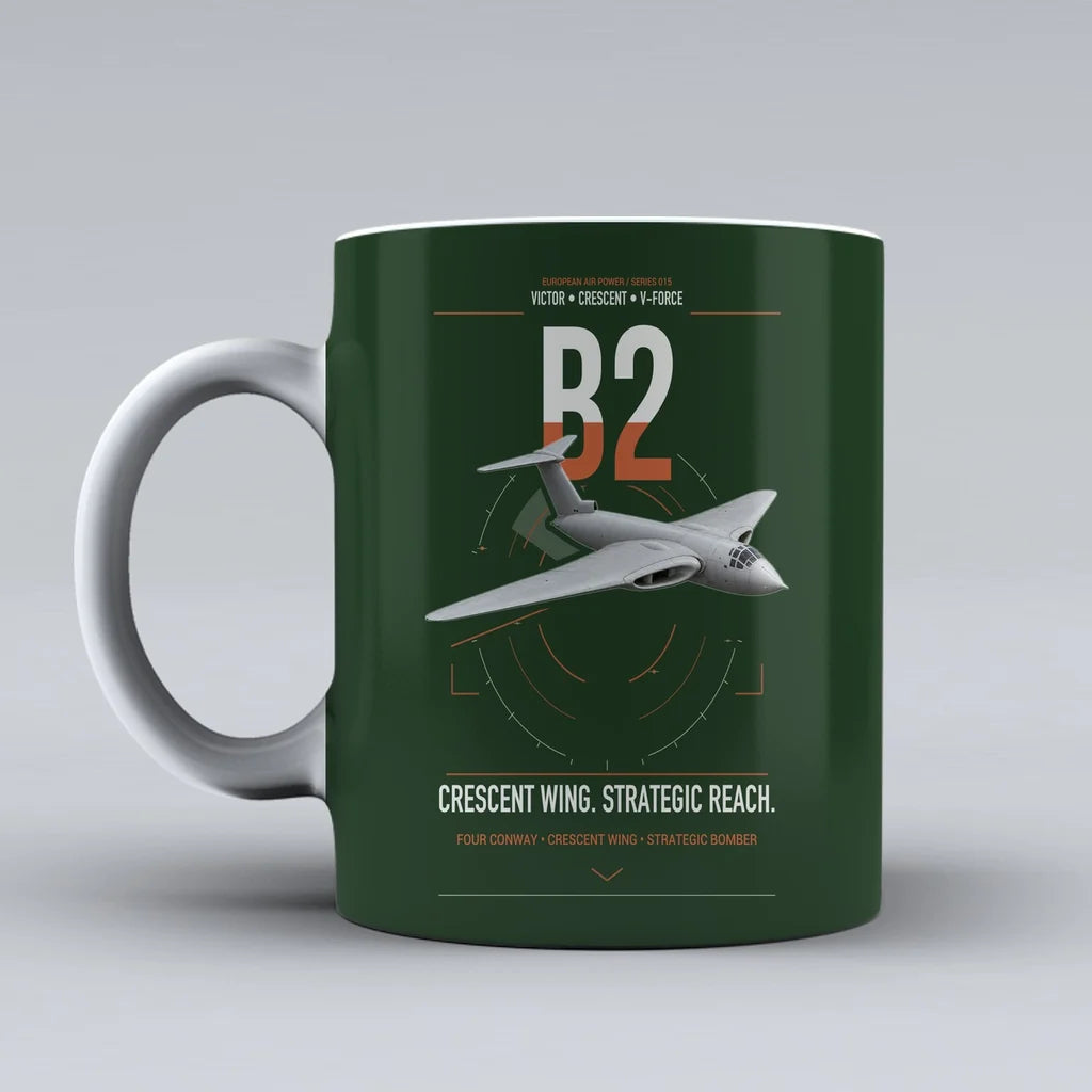 Handley Page Victor B2 design on dark green ceramic mug, double-side print