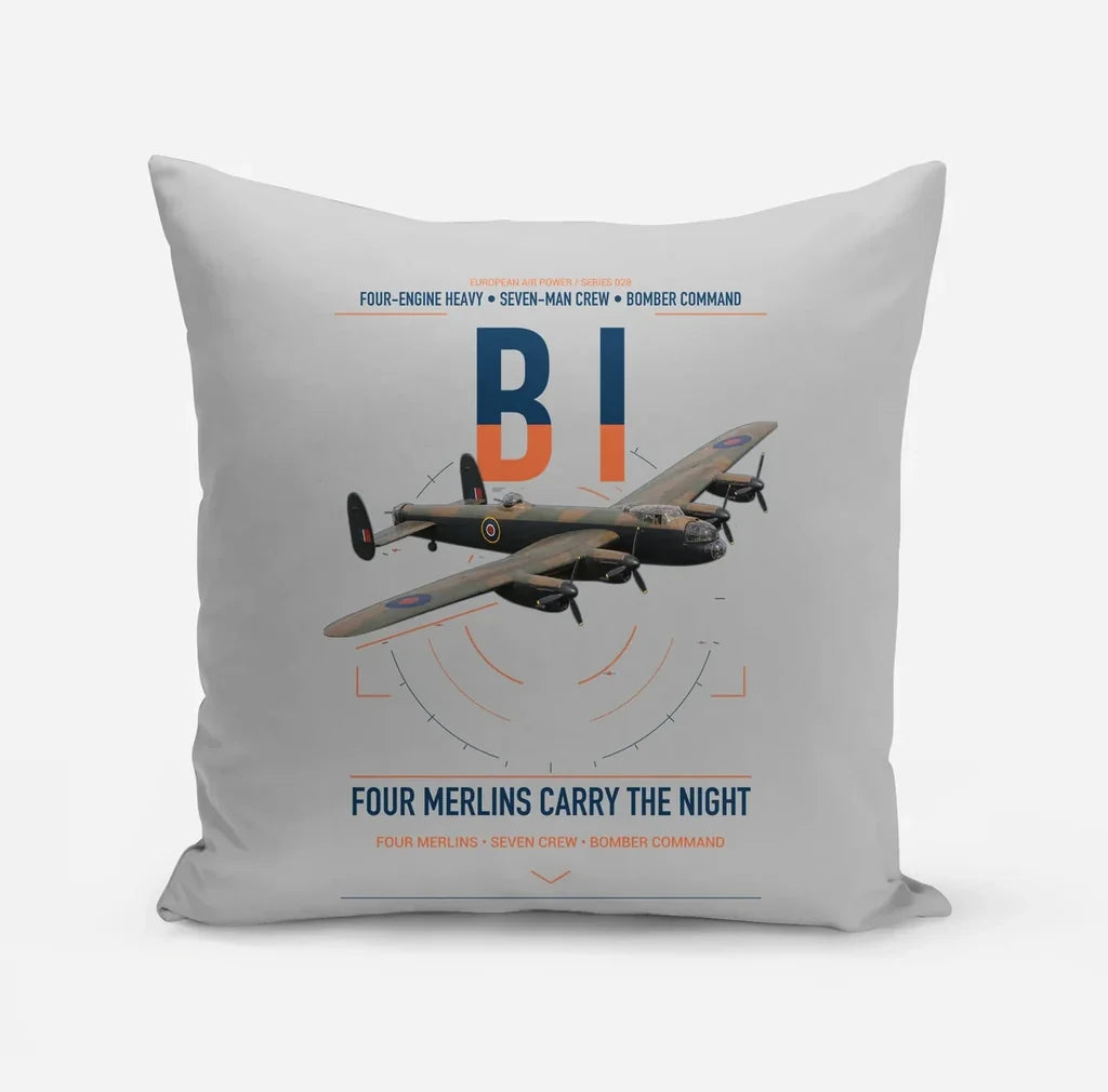 Avro Lancaster B I design on light gray pillow