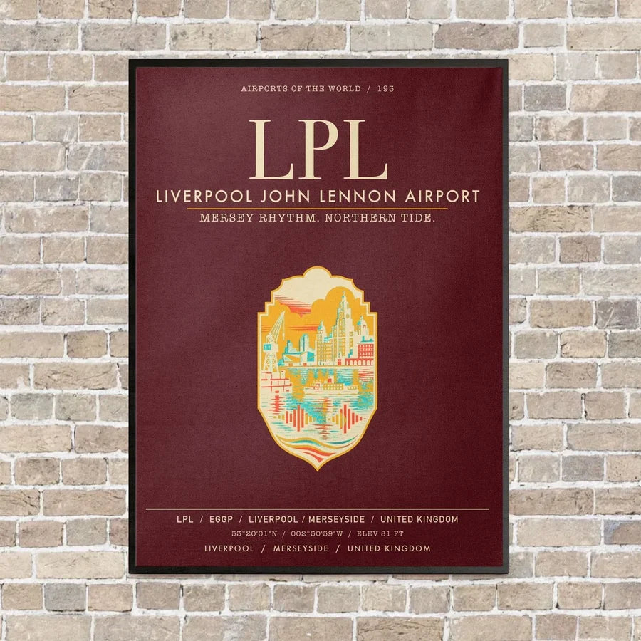 Liverpool John Lennon Airport LPL vertical canvas print - framed - dark red background