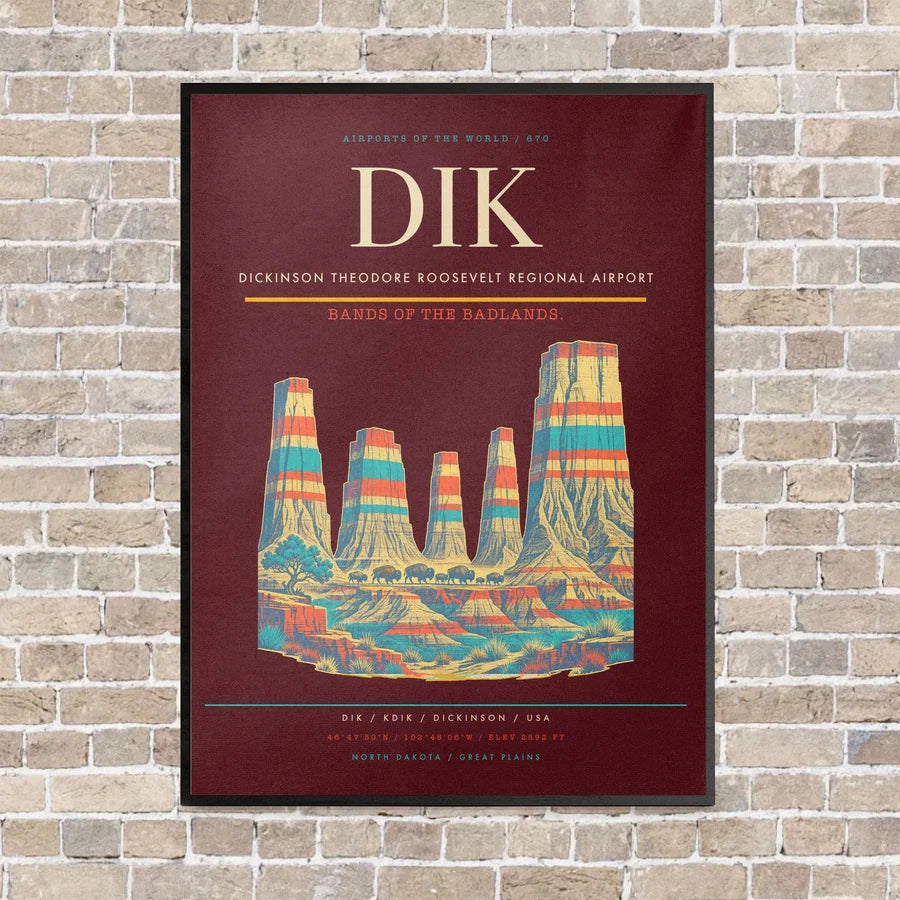 Dickinson Theodore Roosevelt Regional Airport DIK vertical canvas print - framed - dark red background