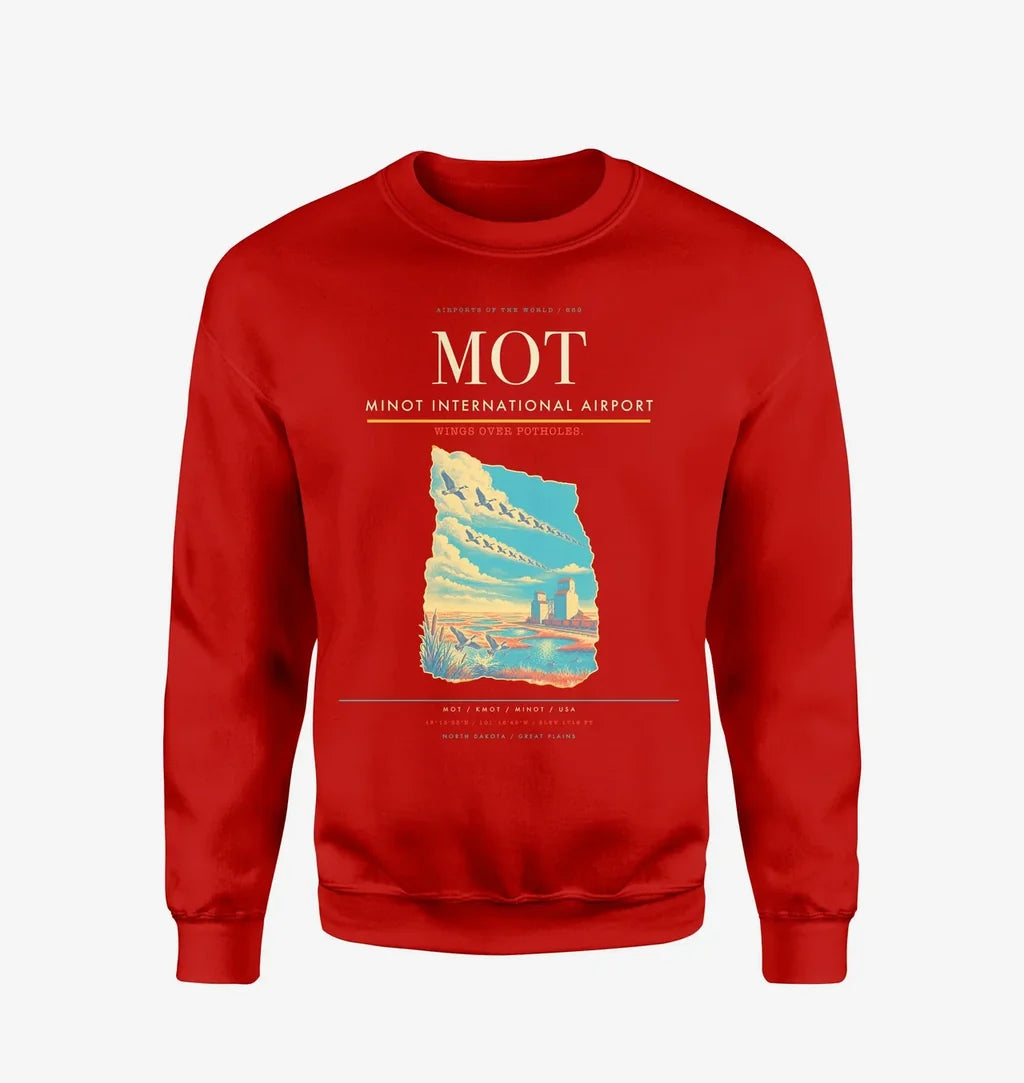 Minot International Airport (MOT) design on red sweatshirt
