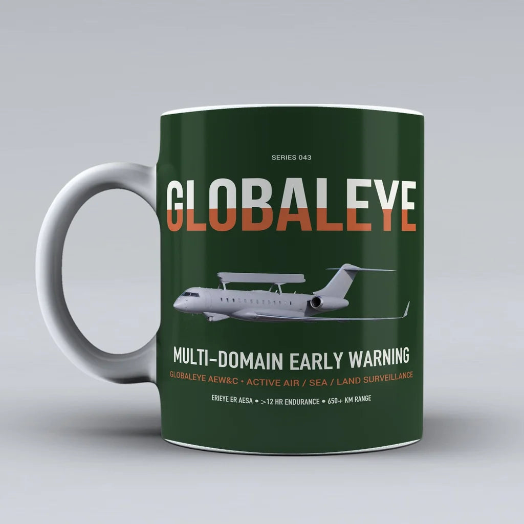 Saab GlobalEye design on dark green ceramic mug, double-side print