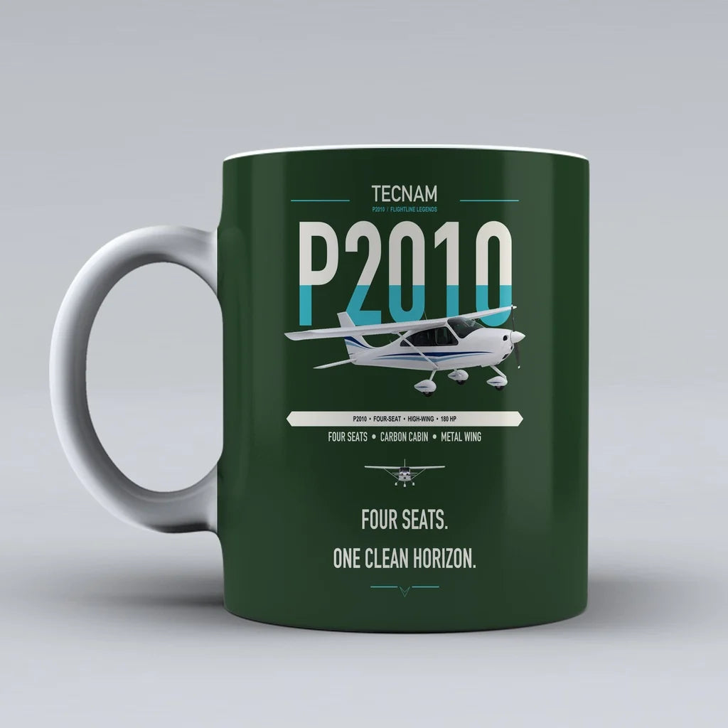 Tecnam P2010 design on dark green ceramic mug, double-side print