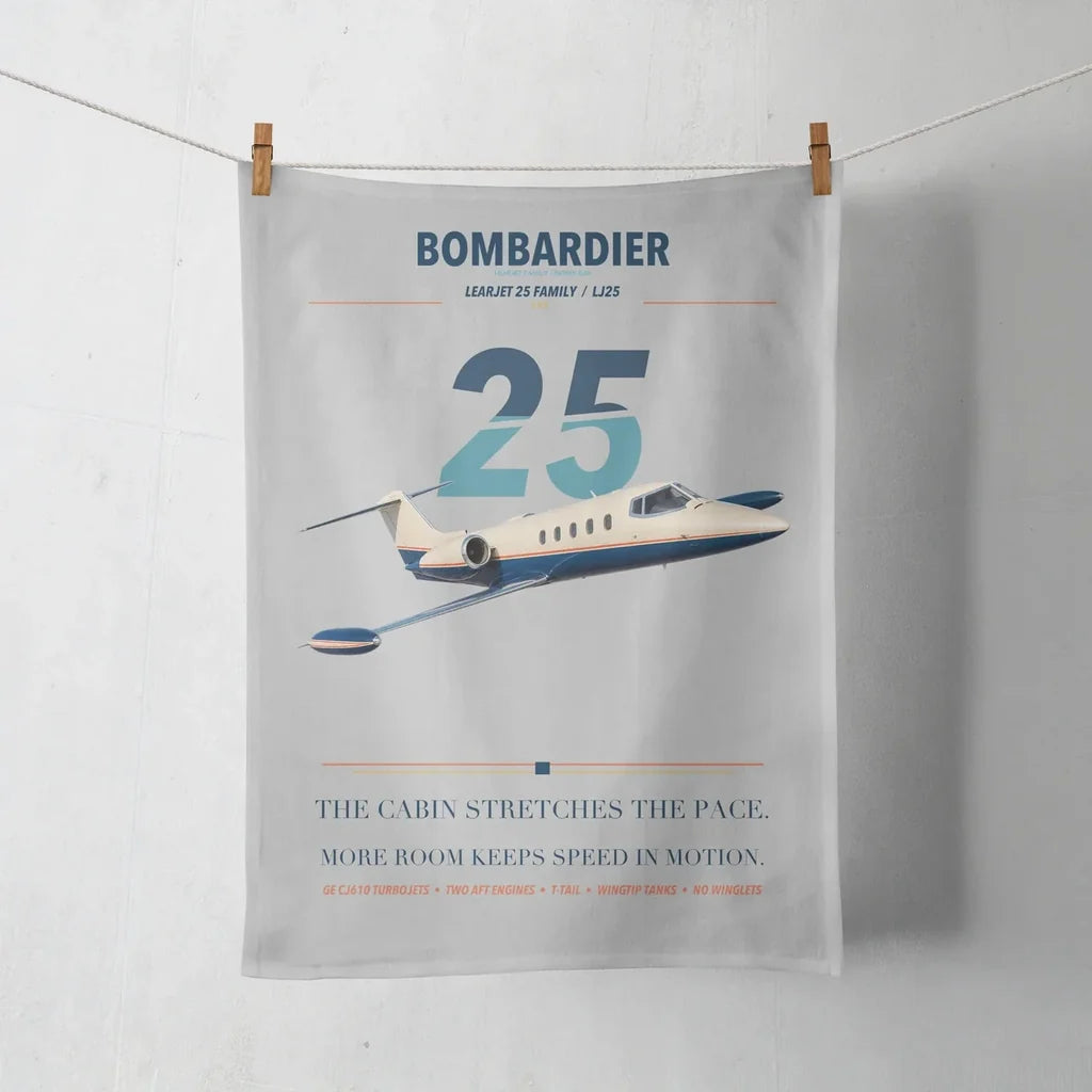 Bombardier Learjet 25 design on light gray towel