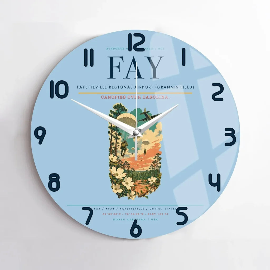 Fayetteville Regional Airport (Grannis Field) (FAY) design on light blue no frame wall clock