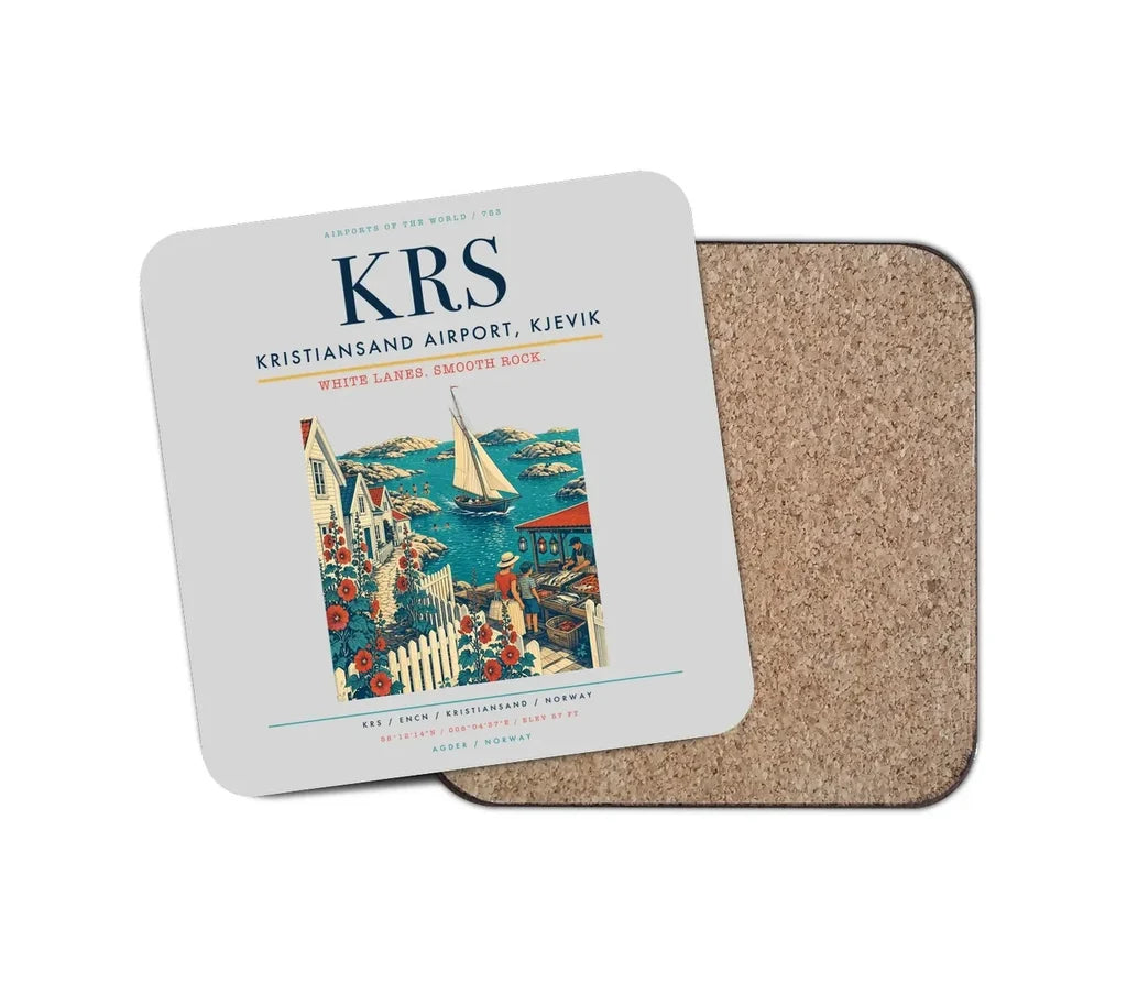Kristiansand Airport, Kjevik (KRS) design on light gray 1 piece coaster