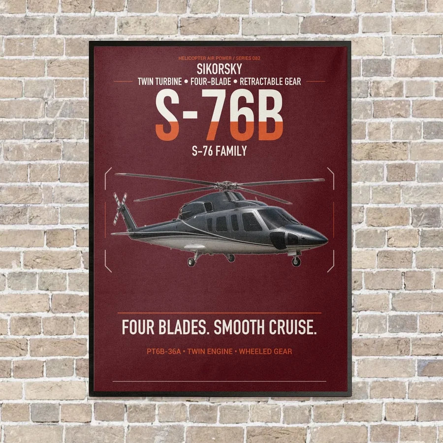 Sikorsky S-76B vertical canvas print - framed - dark red background