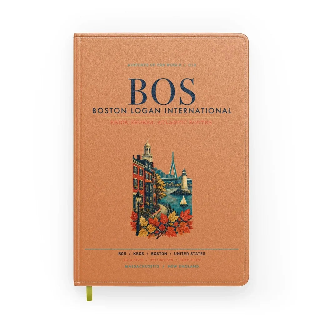 Boston Logan International Airport (BOS) design on orange notebook