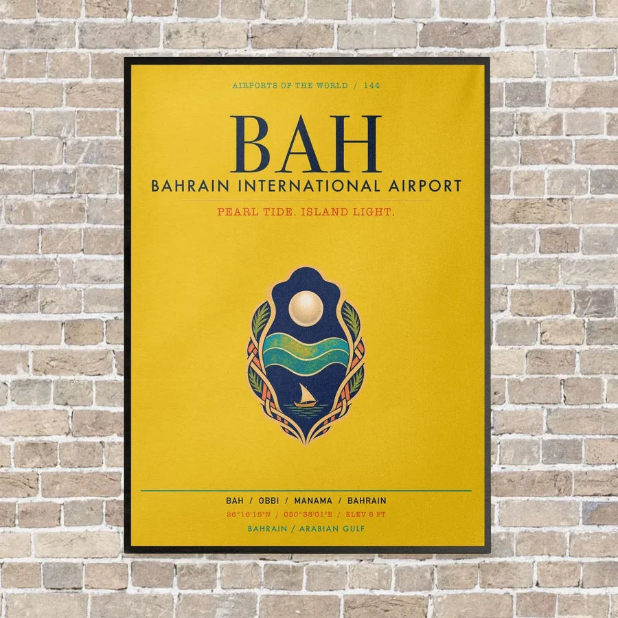 Bahrain International Airport BAH vertical canvas print - framed - yellow background