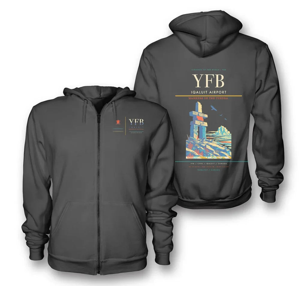 Iqaluit Airport (YFB) design on dark gray premium zipped hoodie