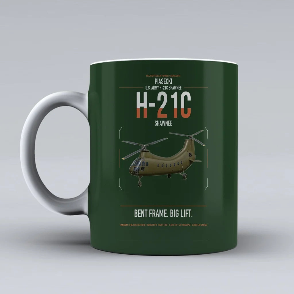 Piasecki H-21C Shawnee design on dark green ceramic mug, double-side print