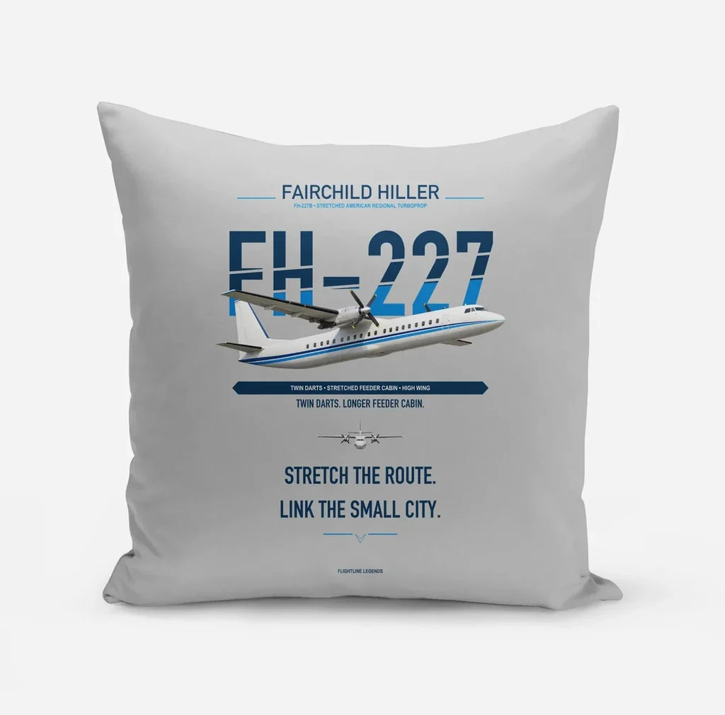 Fairchild Hiller FH-227B design on light gray pillow