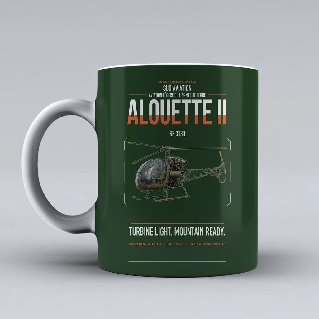 Sud Aviation SE 3130 Alouette II design on dark green ceramic mug, double-side print