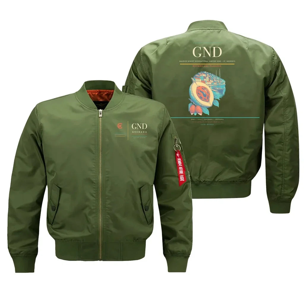 Maurice Bishop International Airport (GND) design on green bomber jacket
