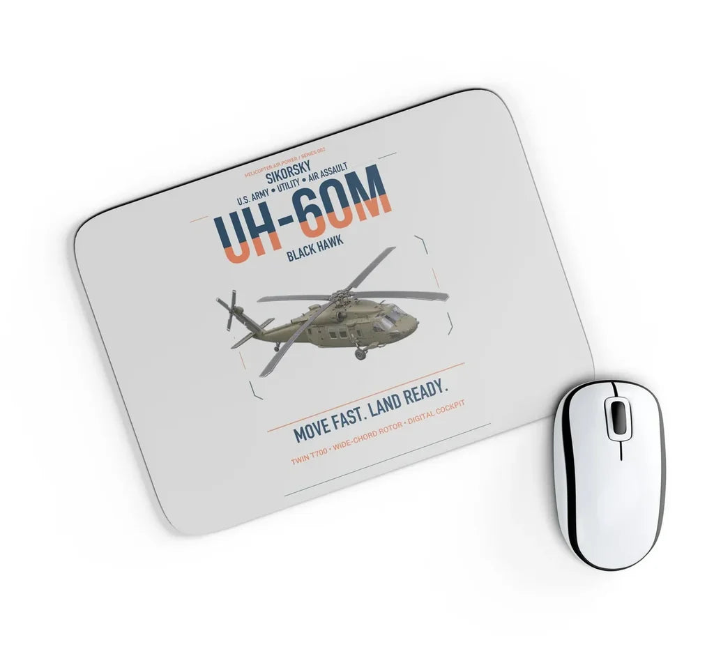 Sikorsky UH-60M Black Hawk design on light gray rectangle mouse pad
