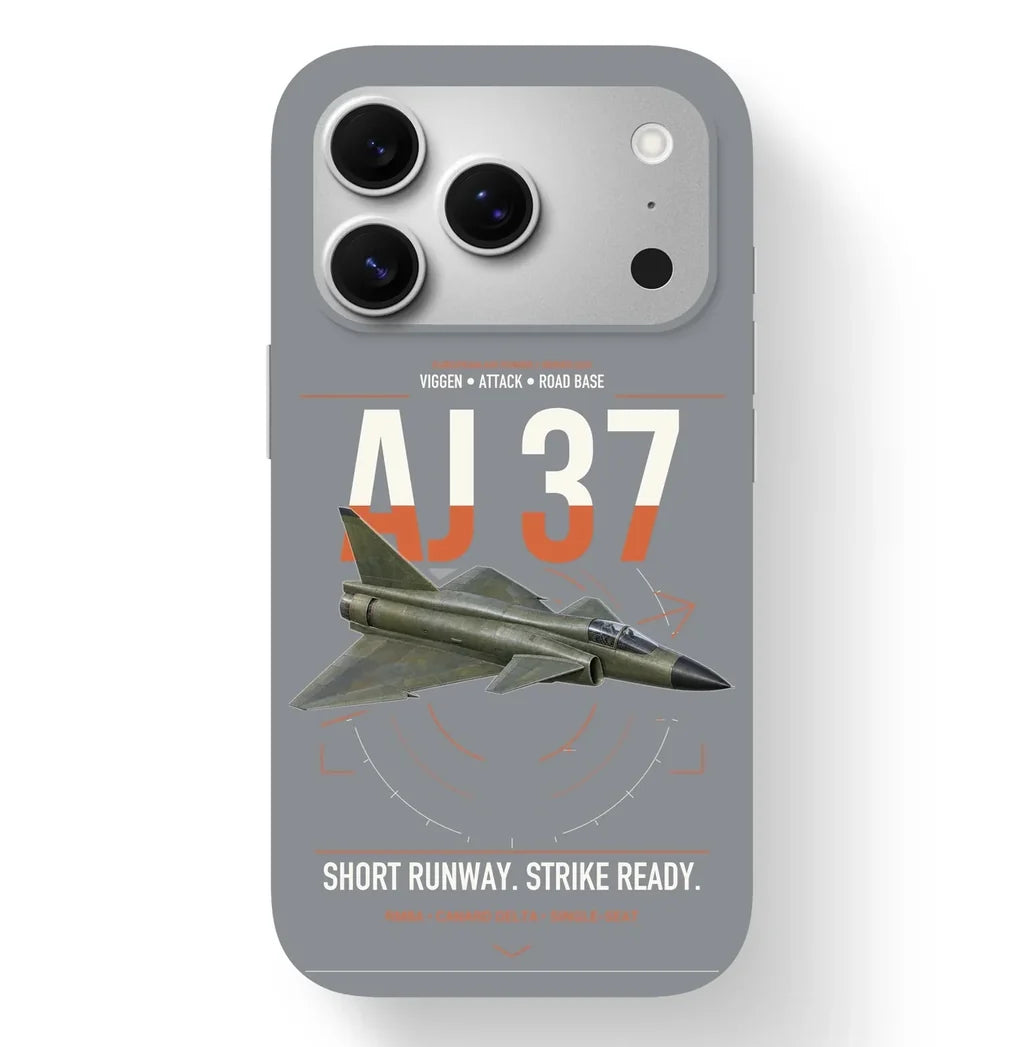 Saab AJ 37 Viggen design on gray magsafe iphone case, for iPhone 17 Pro