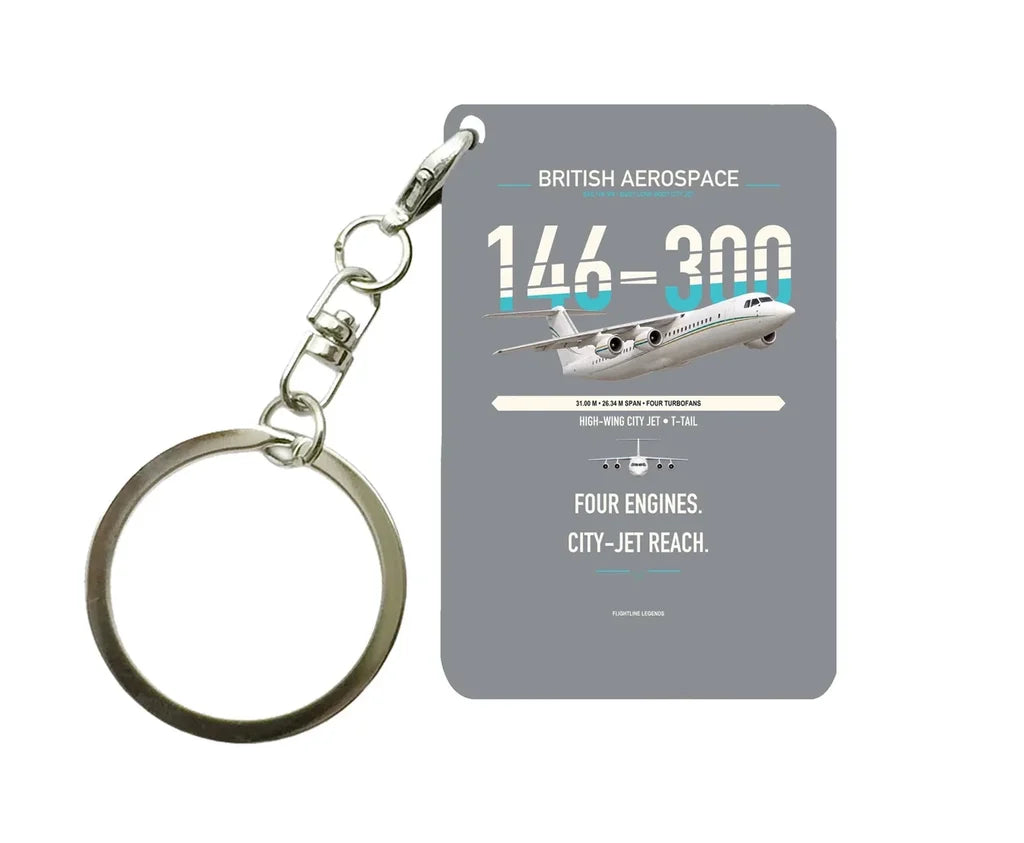BAe 146-300 design on gray designed key chain, double-side print