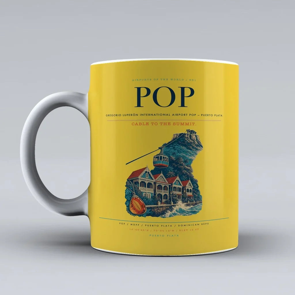 Gregorio Luperón International Airport (POP) airport code design on yellow ceramic mug