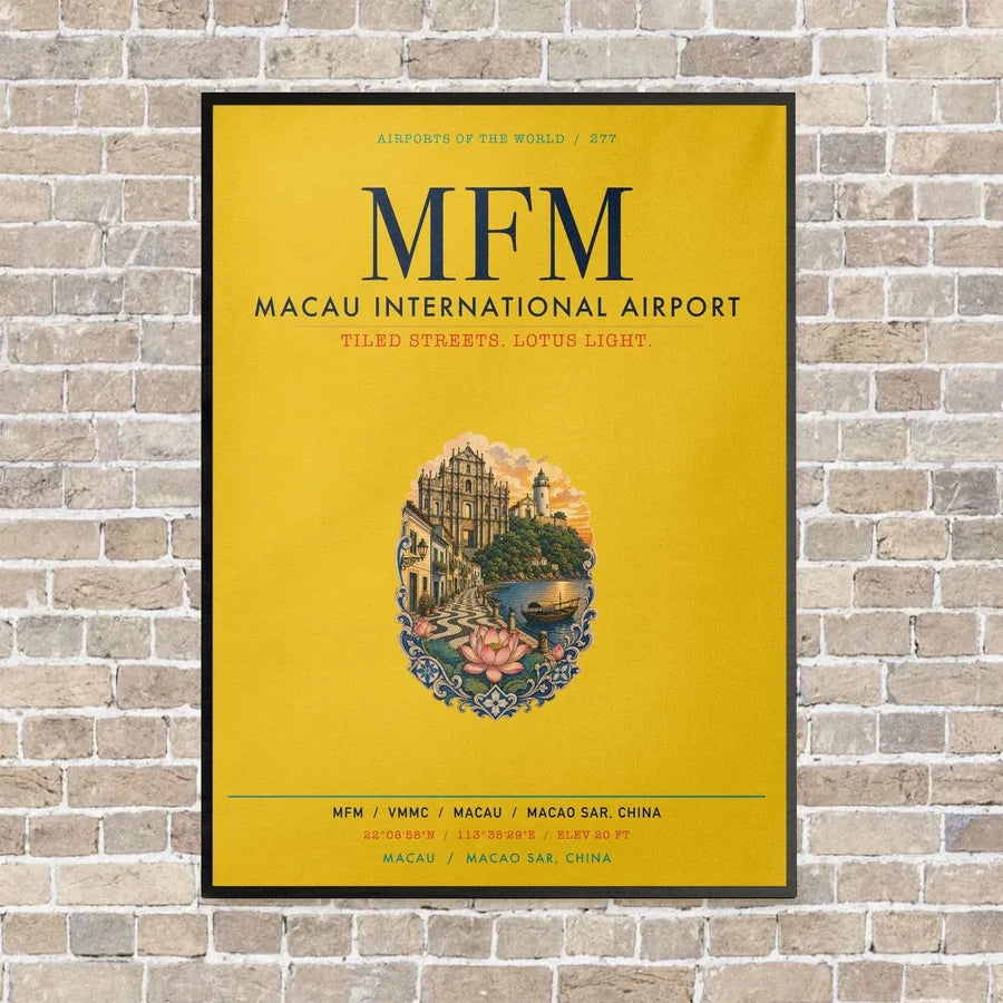 Macau International Airport MFM vertical canvas print - framed - yellow background