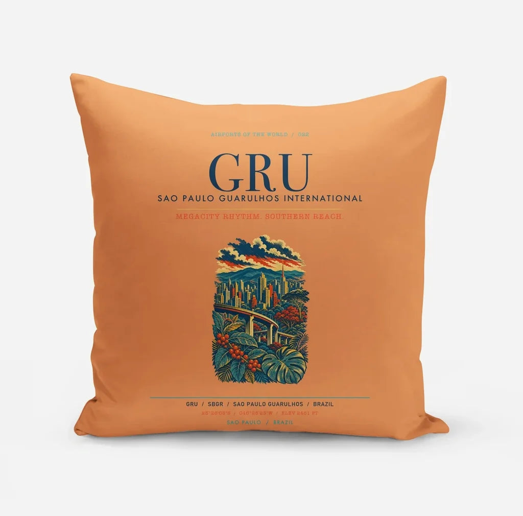 Sao Paulo Guarulhos International Airport (GRU) design on orange pillow